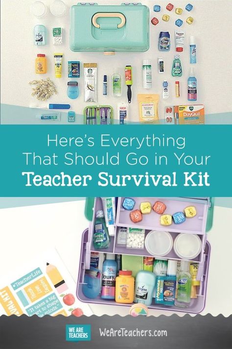 Here's Everything That Should Go in Your Teacher Survival Kit. Do you remember Caboodles? Well, we took the magic of them, and created a kit that is perfect for any teacher. #teacher #classroom #teaching Teacher Emergency Kit, Teacher Survival Kit, School Diy Ideas, Teacher Tricks, Classroom Diy, Survival Kit Gifts, Prek Teacher, Survival Kit For Teachers, Teacher Survival