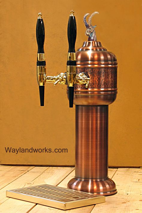 We have a range of small beauties as well. Old copper draft beer tower, middle ring hand hammered, glycol ready. Round parts hand spun on spinning lathe. Perfect for an upscale home bar. Bar Tap Display Ideas, Draft Beer Bar, Outdoor Pub, Draft Beer Tower, Beer Table, Japanese Beer, Bar Tap, Beer Tower, Log Cabin Rustic