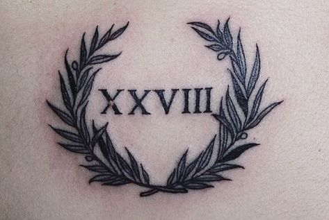 Laurel Crown Romvn Tattoo , roman script tattoo, roman date , roman tattoo idea , laurel tattoo, delicate tattoo by Etherea Tattoo Roman Crown Tattoo, Roman Leaf Tattoo, Roman Leaves Tattoo, Laurel Crown Tattoo, Apollon Aesthetic, Roman Tattoo Ideas, Roman Crown, Laurel Tattoo, Crown Tattoo Men