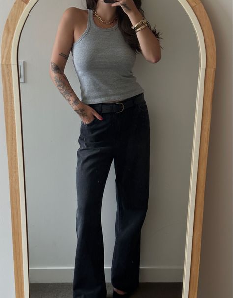 Woman wearing dark gray wide leg jeans, gray tank top and jewelry Grey Tank Top Outfit Aesthetic, Gray Tank Top Outfit, Gray Top Outfit, Grey Tank Top Outfit, Grey Top Outfit, Basic Aesthetic, Tank Top Outfit, Dark Grey Jeans, Gray Tank Top