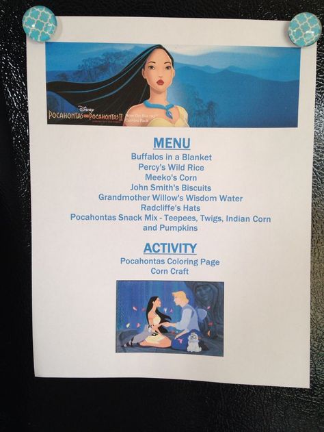 Pocahontas Menu - Pocahontas Movie Night - Disney Movie Night - Family Movie… Pocahontas Movie Night, Pocahontas Dinner And A Movie, Chicken And Broccoli Pasta Bake, Disney Movie Themed Dinner, Disney Nights, Family Movie Night Themes, Disney Movie Night Menu, Pocahontas Movie, Chicken And Broccoli Pasta