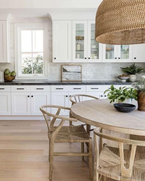 White Kitchen Cabinet Hardware, Light Wood Dining Table, Gorgeous White Kitchen, Pure Salt Interiors, Coastal Kitchen Decor, Pure Salt, Round Kitchen Table, Round Wood Dining Table, Coastal Kitchen