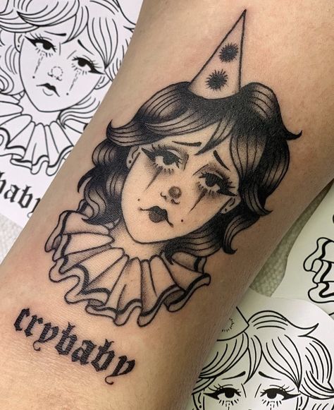 N Tattoo, Cowgirl Tattoos, Pierrot Clown, Beginner Tattoos, Clown Tattoo, Doll Tattoo, Mommy Tattoos, Spooky Tattoos, Full Body Tattoo