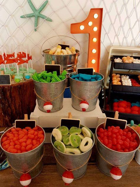 Fishing 1st Birthday Birthday Party Ideas | Photo 2 of 15 Fish Decorations, Fishing Theme Birthday, Fishing Themed Birthday Party, Fishing Birthday Party, Boys First Birthday Party Ideas, Boys 1st Birthday Party Ideas, Decorations For Party, Festa Harry Potter, Fishing Party