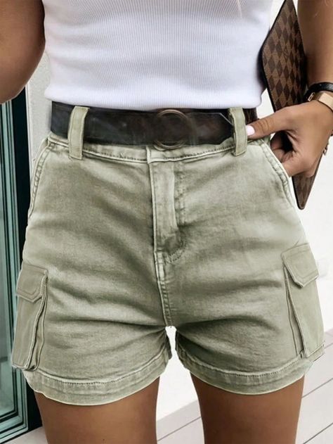 Army Green  Collar  Denim Plain Straight Leg Embellished Non-Stretch  Women Clothing Athletic Summer Outfits, Green Shorts Outfit, Summer Outfits Athletic, Alt Summer Outfits, Woman Streetwear, Vintage Summer Outfits, Modest Summer Outfits, Summer Shorts Outfits, Rose Beige