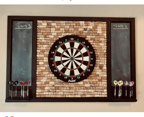 Cork Dartboard Backboard, Wine Cork Dart Board, Cork Dartboard, Basement Game Room Ideas, Basement Bar Area, Dart Board Wall, Garage Game Rooms, Basement Games, Wine Cork Diy