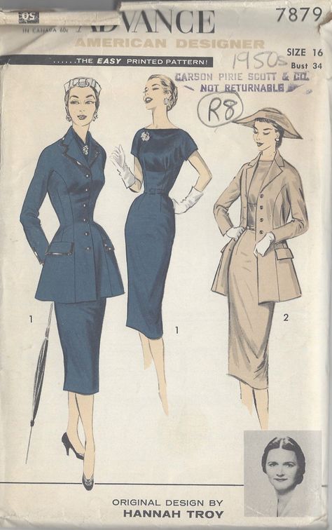 1950s Vintage Sewing Pattern B34" JACKET, DRESS & SCARF (R8) By ADVANCE 7879 - DESIGNER: HANNAH TROY - The Vintage Pattern Shop Advance Patterns, Patron Vintage, Dress Scarf, Scale Pattern, Vintage Dress Patterns, Scarf Dress, Couture Vintage, Old Fashion, Vintage Vogue