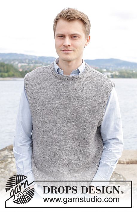 Urban Fog Vest / DROPS 246-6 - Free knitting patterns by DROPS Design Men’s Vest Knitting Pattern, Purl Soho Knitting Patterns Free, Sweater Vest Knitting Pattern Free, Mens Vest Pattern, Mens Vest Coat, Pullover Sweater Knitting Pattern, Knit Vest Pattern Free, Vest Knitted, Vest Pattern Free