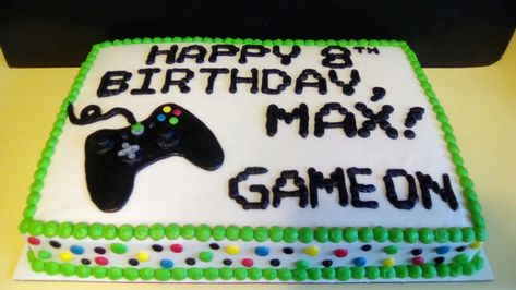 Gamer birthday sheet cake with Xbox controller Xbox Birthday Cake, Gamer Birthday Cake, Xbox Birthday Party, Playstation Cake, Birthday Sheet Cake, Gamer Cake, Xbox Party, Xbox Cake, Video Game Cakes