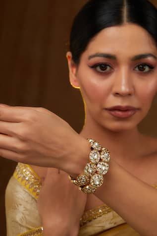 Buy Gold Plated Pearl Kundan Bangle by Zevar by Geeta Online at Aza Fashions. Jewellery Bangles Gold, Mithila Palkar, Jewellery Bangles, Kundan Bangles, Diana Penty, Bangles Gold, Luxury Sale, Jewelry Boards, Stone Studs