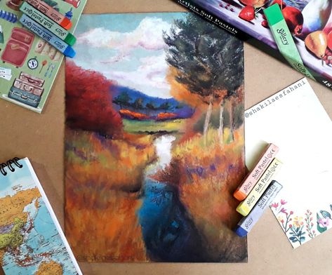 Let nature nuture your soul..🗺⛰🌎 How To Draw Landscape Oil Pastel, Easy Oil Pastel Drawings, Pastel Painting For Beginners, Blending Stump, Oil Pastel Techniques, Oil Pastel Landscape, Pastel Drawings Easy, Painting Knife, Watercolor Pencil Art