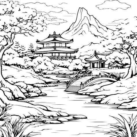 Chinese landscape adult coloring page | Premium Vector #Freepik #vector #chinese-style #line-art #line-drawing #hand-drawn-background Japanese Line Drawing, Chinese Drawing, Chinese Background, Chinese Language Learning, Chinese Landscape, Chinese Garden, Japanese Architecture, Chinese Language, China Art