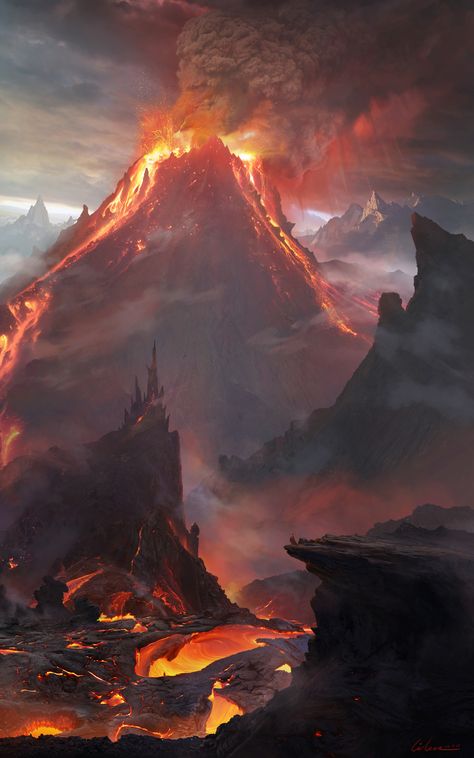 Create Canvas, Oil Canvas, Fantasy Places, Fire Mountain, Fantasy Art Landscapes, Fantasy Concept Art, 판타지 아트, Environment Concept Art, Fantasy Inspiration