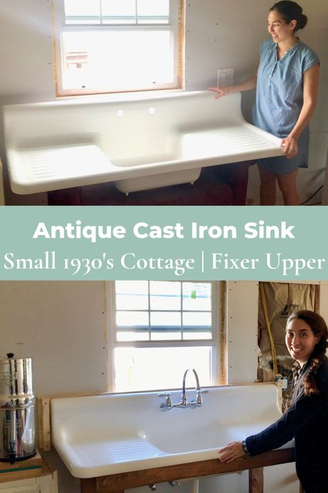 woman standing next to antique cast iron sink Wall Mounted Farmhouse Sink, Cast Iron Bathroom Sink Vanity, Old Cast Iron Sink Ideas, Cast Iron Sink Kitchen, Vintage Cast Iron Sink, Antique Farmhouse Sink, Wash Produce, Replacing Kitchen Sink, Under Mount Kitchen Sink