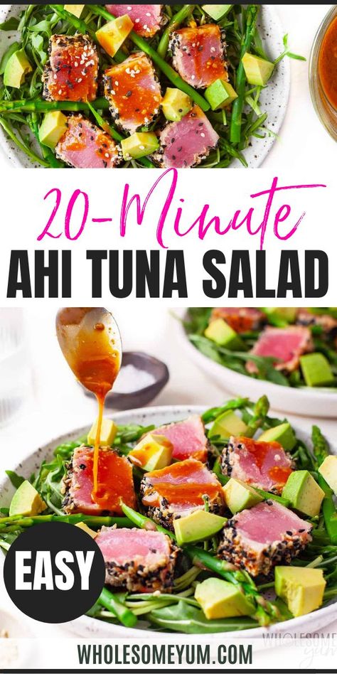 Ahi Tuna Salad Ahi Tuna Salad Recipe, Tuna Salad Dressing, Cooking Ahi Tuna, Tender Asparagus, Ahi Tuna Salad, Delicious Healthy Salads, Dairy Free Salads, Sesame Ginger Dressing, Avocado Tuna Salad