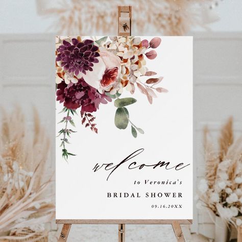 Autumn Romance Floral Bridal Shower Welcome Foam Board Maroon Bridal Shower Ideas, Burgundy Bridal Shower Ideas, Boho Bridal Shower Decorations, Watercolor Flower Bouquet, Autumn Romance, Wedding Shower Themes, Dahlias Garden, Boho Bridal Shower, Bridal Shower Welcome Sign