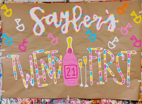 21st Birthday Wall Decorations, 21st Bday Backdrop, Birthday Banners Diy, Birthday Paper Banner, Shotbook Themes, Twenty First Birthday Party Ideas, How To Make 21st Birthday Sign, 21 Banner Ideas, Paper Birthday Banner