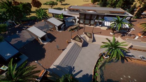 Planet Zoo Food Court, Tropical Zoo Entrance, Planet Zoo Entrance Plaza, Planet Zoo Tropical Entrance, Planet Zoo Buildings, Planet Zoo Monkey Habitat, Zoo Games, Zoo Map, Zoo Project