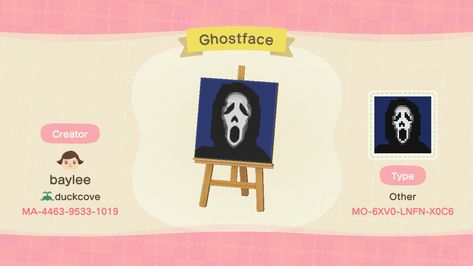 Acnh Ghostface, Animal Crossing Ghostface, Ghost Face Animal Crossing, Acnh Halloween Code, Path Design, Tv Design, Skull Face, Ghost Faces, Animal Crossing Game