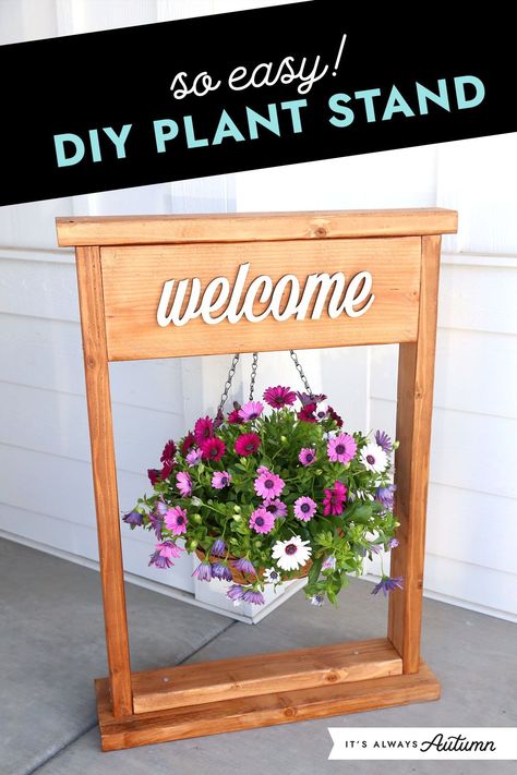 Learn how to make a DIY hanging plant stand – it’s an easy beginner project that looks great on your patio or front porch. Diy Hanging Plant Stand, Hanging Basket Stand, Plant Holder Diy, Hanging Plant Stand, Diy Hanging Planter, Plant Stands Outdoor, Wooden Plant Stands, Hanging Flower Baskets, Hanging Plant Holder