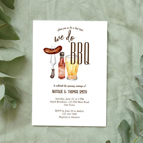 We do BBQ barbecue couples bridal shower invitation template. Simple design with beer glass, sausage and a bottle of hot sauce. Summer Couple Shower Themes, Summer Couples Shower Ideas, Jack And Jill Party Ideas Couple Wedding Showers, Bbq Couples Wedding Shower Ideas, Co Ed Bridal Shower Ideas Themed, Co Ed Wedding Shower Ideas Themes, Bbq Bridal Shower Ideas, I Do Bbq Ideas, Couple Bridal Shower Ideas Themes