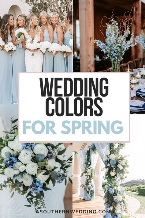 Plan a gorgeous spring wedding with these stunning spring wedding color ideas! #springwedding #springweddingcolors #springweddingcolorpalette #colorsspringwedding #colorsforspringwedding #peachwedding #bluewedding #neutralwedding #neutralweddingcolors #springcolorsweddingideas #weddingcolorideas April Wedding Theme Ideas, April Wedding Palette, Windsor Blue Wedding, Wedding Color Schemes For May, Spring Dusty Blue Wedding, Wedding Blue Green Color Schemes, Florida Spring Wedding, April Wedding Themes, Spring Wedding Diy Decorations