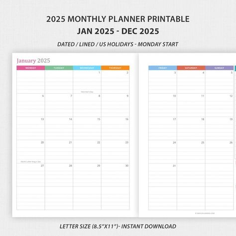 2025 Monthly Planner Calendar | Lined and Dated Printable Two Page Monthly Planner Printable Free, 2 Page Monthly Calendar Printable Free, 2025 Planner Printable, Free Printable Monthly Planner, Monthly Tasks, Advent Calendar Activities, Calendar Activities, Printable Puzzles For Kids, Appointment Calendar