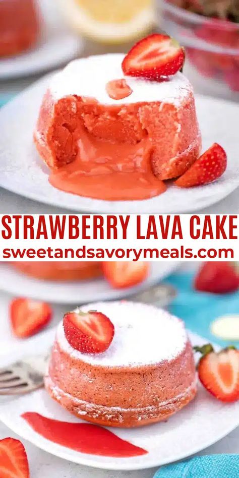 Strawberry Lava Cakes with Strawberry Curd - Sweet and Savory Meals Fresa Flan Cake, Elegant Dessert Recipes, Strawberry Deserts Ideas, Light Desert Ideas, Cute Desserts Recipes, Strawberry Baking Recipes, Strawberry Desserts Recipes, Valentine Cake Designs, Gourmet Dessert Recipes