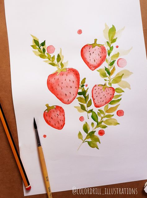 Strawberries watercolor illustration Strawberry Marker Drawing, Strawberry Aesthetic Art, Watercolor Strawberry Tutorial, Strawberry Painting Ideas, Strawberries Watercolor, Strawberry Painting, Watercolor Strawberries, Strawberry Watercolor, Strawberry Art