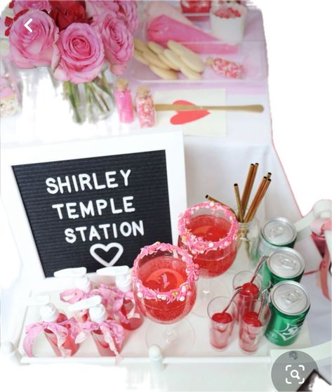 Shirley Temple Drink Station, Grad Party Party Favors, Shirley Temple Station, Colorful Graduation Party Decorations, Grad Party Picture Ideas, Love Shack Fancy Grad Party, Shirley Temple Bar Grad Party, Senior Open House Ideas, Grad Party Activities