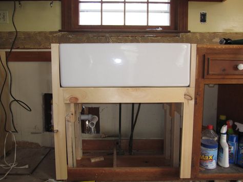 Reconstructed cabinet to support apron front sink.  ~  simple.beautiful.home: Kitchen Planning: Farm Sinks Diy Kitchen Sink Cabinet, Ikea Farm Sink, Ikea Kitchen Sink, Dapur Ikea, Ikea Farmhouse Sink, Kitchen Sink Remodel, Farm Sinks, Kitchen Sink Diy, Ikea Farmhouse