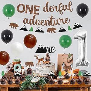 Camping 1st Birthday Decorations - Onederful Adventure Banner, Cake Topper, Cupcake Toppers, Balloons, Woodland Camping Adventure, Onederful Adventure Birthday Decorations for Boy Wild One Adventure Birthday Party, 1st Birthday Adventure Theme, Adventure Awaits Birthday Party, One Wild Adventure 1st Birthday, Onederful Adventure Birthday Boy, Onederful Adventure Birthday, Camping 1st Birthday, Woodland Camping, Explorer Birthday Party