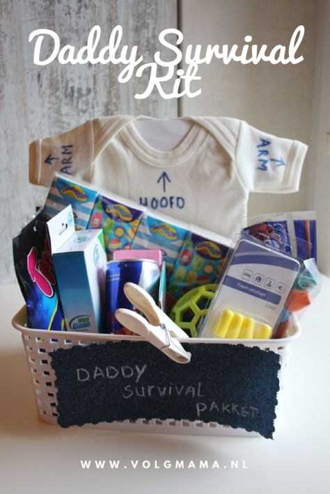 Daddy Survival Kit - Papa overlevingspakket - Kraamcadeau voor vaders - Volgmama - Nederlandse mamablog New Dad Survival Kit, Gifts For Boyfriend Long Distance, Papa Baby, Diy Baby Shower Gifts, Baby Prep, Cadeau Diy, Thanksgiving Nails, Acrylic Coffin, Nails Diy