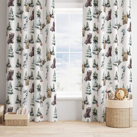 "Designing a woodland nursery or forest nursery for your baby boy? Then these woodland nursery curtains are a MUST have! Featuring an adorable pattern of with everything woodland themed, including bears, deer, wolf, mountains, forest trees, elk, foxes, and more, these forest nursery window curtains are sure to look stunning in your baby boy nursery!  These nursery curtains come in your choice of: A) sheer or blackout B) single or double panel ♥ CURTAIN OPTIONS Sheer curtains: these allow just th Woodland Nursery Accessories, Woodland Nursery Curtains, Woodland Nursery Decor Ideas, Mountain Nursery Decor, Forest Green Nursery Boy, Boy Nursery Curtains, Nursery Curtains Boy, Woodland Curtains, Cabin Nursery