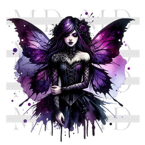 Goth Fairy Tattoo Designs, Gothic Fairy Art, Girly Witch, Purple And Black Butterfly, Purple Fairy Drawing, Purple Haired Fairy, Skulls Wallpaper, Fairy Tattoos, Fairy Png