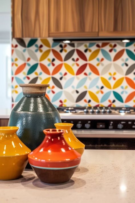 Mid Century Kitchen Backsplash Ideas & Tips Mid Century Kitchen Backsplash, Backsplash Styles, Cement Tiles Kitchen, Minimalist Kitchen Backsplash, Mid Mod Kitchen, Coastal Dining Table, Mid Century Tile, Mod Kitchen, Midcentury Decor