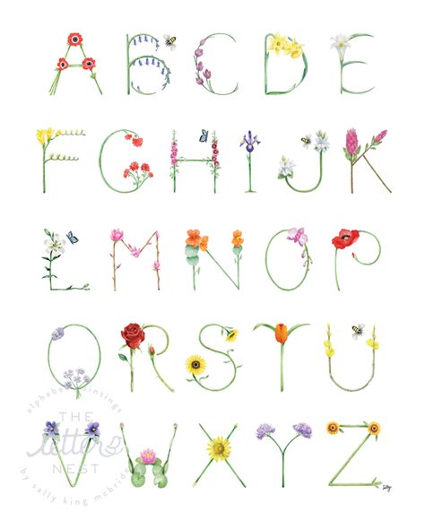 Flower Alphabet, Hand Lettering Alphabet, Calligraphy Alphabet, Pola Sulam, Flower Letters, Alphabet Art, Painted Letters, 자수 디자인, Alphabet Print