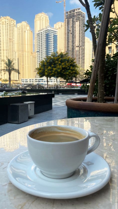 Dubai Morning View, Coffee In Dubai, Dubai Morning, Uae Aesthetic, Coffee With A View, Coffee Study, Dubai Vacation, Dubai Aesthetic, Best Snapchat