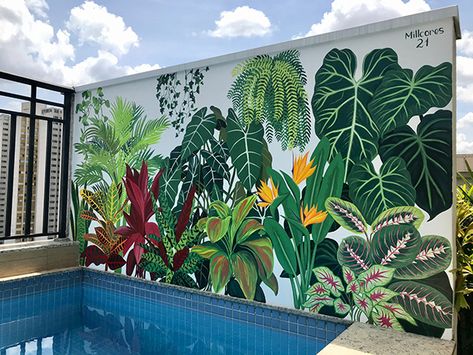 Succulent Wall Mural, Green Mural Painting, Botanical Wall Painting, Summer Mural Ideas, Mural Art Outdoor, Sunroom Mural, Botanical Mural Painting, Greenery Mural, Outdoor Murals Backyards