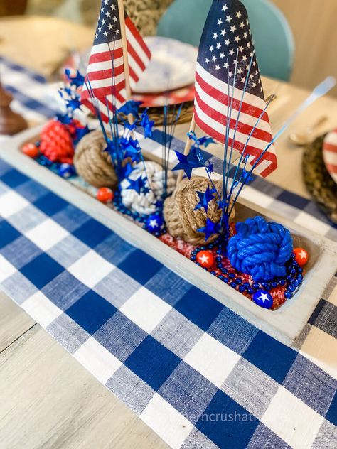 Learn how to make these easy decorative balls for bowls with a simple tutorial for a patriotic dough bowl centerpiece. It's a quick way to add some personality to your home. #southerncrushathome #easydecorativeballs #patrioticdoughbowl Patriotic Table Decorations, Dough Bowl Centerpiece, Diy Tulle, Christmas Angel Crafts, Coastal Farmhouse Decor, Bowl Centerpiece, Decorative Balls, Diy Bowl, Festive Centerpieces