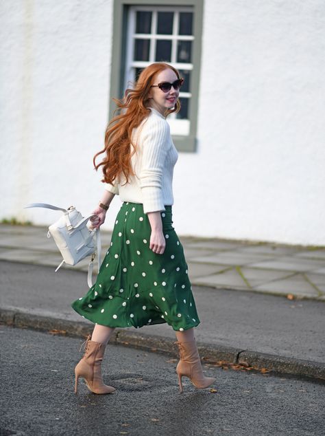 Why I've Stopped Caring About Instagram ⋆ Forever Amber | UK fashion, lifestyle and parenting blog Knotted Skirt Outfit, Long Boots Outfit, Green Skirt Outfits, Forever Amber, Skirt Outfit Inspiration, Stopped Caring, High Heeled Ankle Boots, Knot Skirt, White Polka Dot Skirt