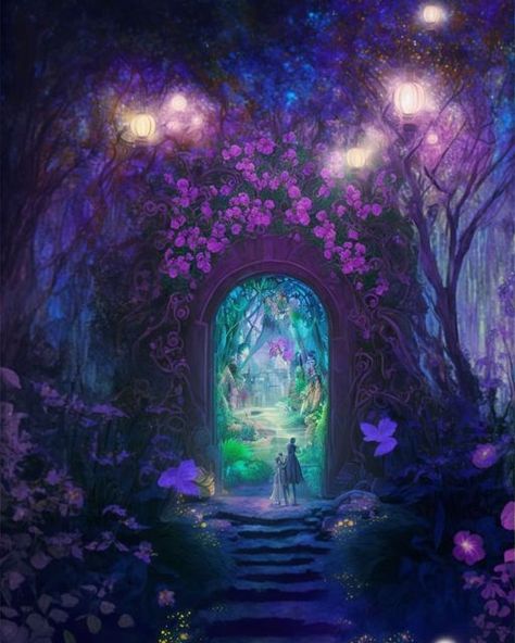 Divno on Instagram: "Would you dare to enter Cyber-fae realms? Portals, windows, gates, and doors to Enchanted Dreamlands and Secret Gardens.💙💜 Let me know which one is your favourite. 🤗❤️ Made in Midjourney AI. . . . . . #portals #gatestoinfinity #dreamlandscape #secretgardens #enchantedforestoflight #fantasyworlds #fantasylandscape #fairyartist #aiinstagram #aiartistsoninstagram #fairylightsphotography #fairylightsdecor #ai_art_community #aiartistcommunity #aigeneratedart #artificalintell Door To Another World Art, Magic Door Fantasy Portal, Magic Portal Aesthetic, Magic Portal Art, Fae Portal, Portal Room, Portal Painting, Portals Aesthetic, Fairy Portal