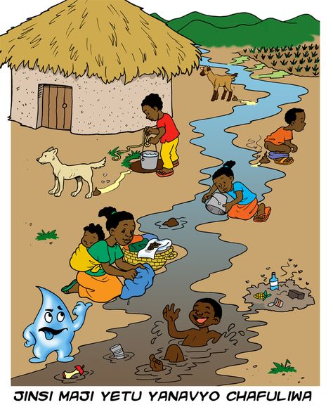 A Ugandan cartoon shows the dangers of water contamination from pesticides, garbage, and feces. African nations are distributing these types of cartoons to schools in hope of educating children on the dangers of water contamination. Through these education campaigns, health organizations are helping cut down on the spread of diseases such as dysentery, E. Coli, and Cholera. Clean River Poster, Water Pollution Drawing Easy, Water Pollution Pictures, Pollution Pictures, Importance Of Water, Picture Composition, Contaminated Water, Water Illustration, Water Pollution