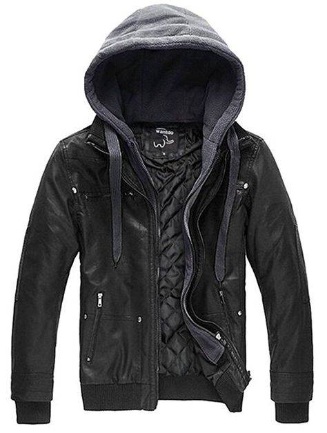 Wantdo Men's Leather Jacket with Removable Hood US Small Black(Heavy) Faux Leather Jacket Men, Leather Jacket Men Style, Leather Jacket With Hood, Mens Fashion Edgy, Mens Fashion Smart, Hipster Mens Fashion, Pu Leather Jacket, Men's Leather Jacket, Outwear Jackets