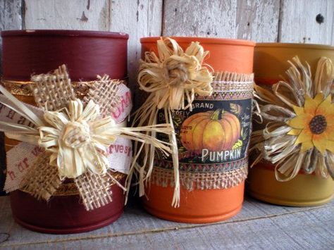 Halloween and Fall Tin Can Upcycles for Kids and Adults Fall Crafts Decorations, Recycled Tin Cans, Tin Can Art, Aluminum Can Crafts, Orange Brick, Mustard Orange, Halloween And Fall, Recycle Cans, Tin Can Crafts