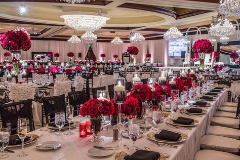 Tables Photography, Ballroom Photography, White Tables, White Wedding Centerpieces, Silver Wedding Decorations, Black Wedding Decorations, Red Centerpieces, Rusting Wedding, Red And White Weddings