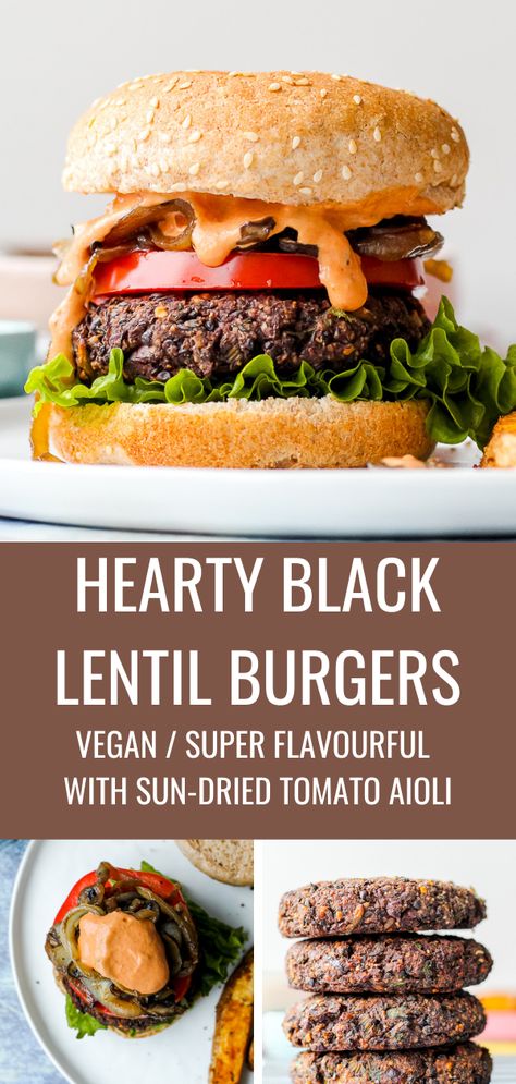 Black Lentil Burger, Lentils Burger Recipe, Lentil Burgers Recipe, Lentil Hamburger Recipes, Vegan Black Lentil Recipes, Black Lentils Recipe, Lentil Burgers Vegan, Black Lentil Recipes, Lentil Mushroom Burger