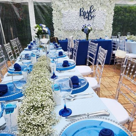 Royal Blue Table Setting, Royal Blue Napkins, Clear Chiavari Chairs, Event Decor Ideas, Blue Table Settings, Party Decorations Table, Blue Tablecloth, Blue Bridal Shower, Bridal Shower Tables