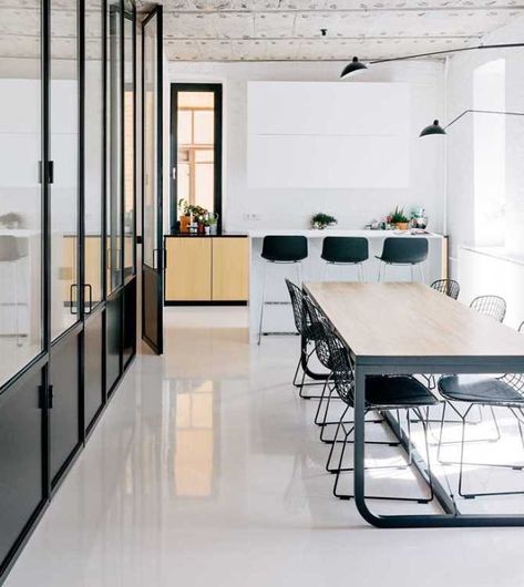 Industrial Office Table, Industrial Office Design, Living Modern, Desk Areas, Pivot Doors, Condo Living, Epoxy Floor, High Gloss White, Flooring Options