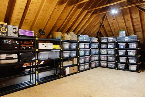 How to Organize Everything - Chris Loves Julia Organized Attic Storage, Walk Up Attic Storage, Attic Finished Storage, Storage Attic Ideas, Unfinished Attic Storage Ideas, Small Attic Storage Ideas, Attic Storage Ideas Unfinished, Attic Organization Storage, Loft Organization Ideas